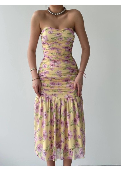 Talia Straplez Elbise S-Cicekli