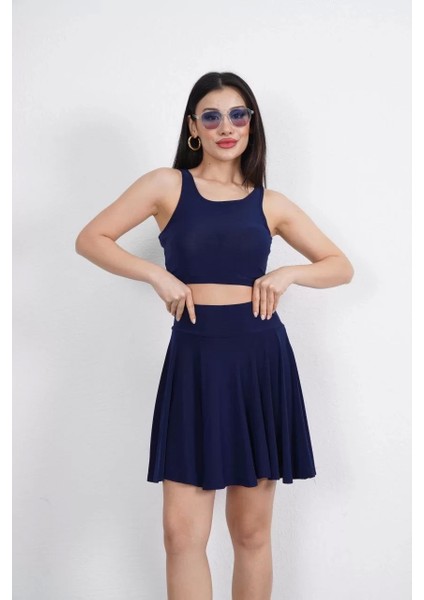 Sendy Kumaş Bisiklet Yaka Crop Şortlu Etek Ikili Takım - Lacivert