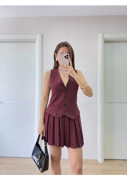 Keten Takım Görünümlü Düğme Detaylı Yelekli Mini Elbise - Bordo modelleri