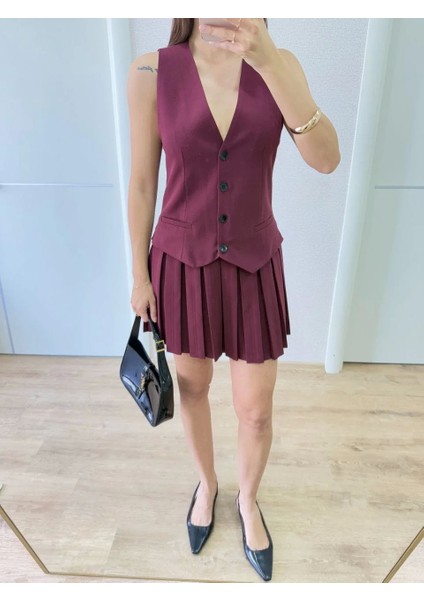 Keten Takım Görünümlü Düğme Detaylı Yelekli Mini Elbise - Bordo fırsatları