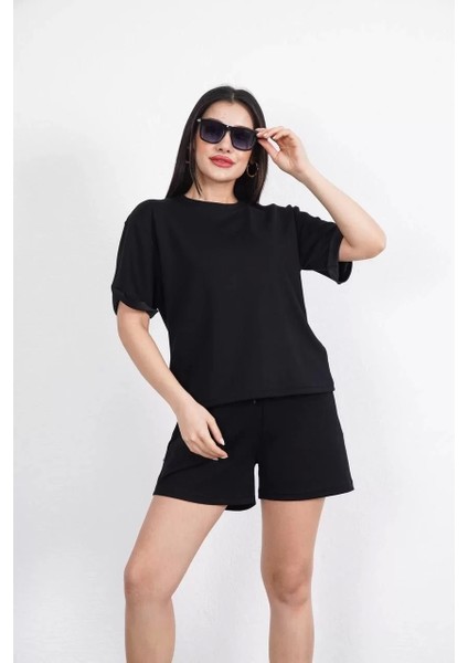 Osy Modal Yumuşak Dokulu Kumaş Kadın Bisiklet Yaka T-Shirt Kısa Şort Ikili Takım - Siyah modelleri