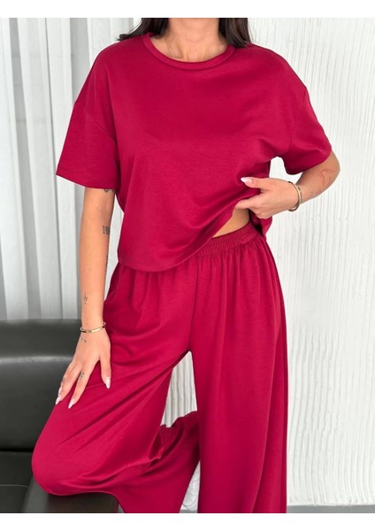 Osy Modal Yumuşak Dokulu Kumaş Bisiklet Yaka T-Shirt Bol Paça Pantalon Ikili Takım -Bordo
