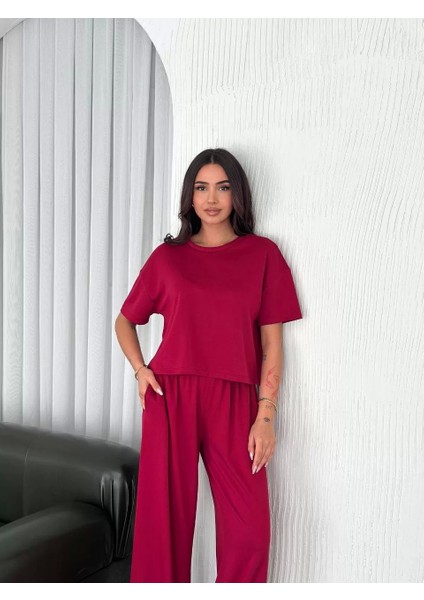 Osy Modal Yumuşak Dokulu Kumaş Bisiklet Yaka T-Shirt Bol Paça Pantalon Ikili Takım -Bordo modelleri