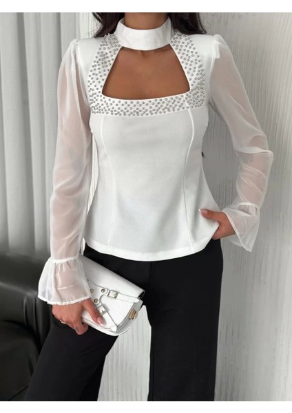 Penye Uzun Kollu Kadın Kolları Şifon Göğüste Inci Boncuk Detaylı Bluz - Beyaz