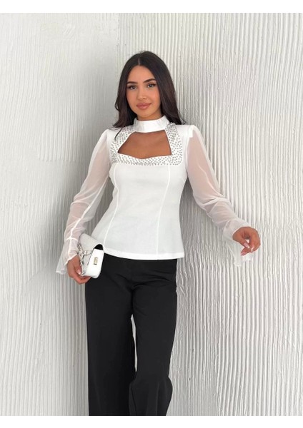 Penye Uzun Kollu Kadın Kolları Şifon Göğüste Inci Boncuk Detaylı Bluz - Beyaz indirimleri