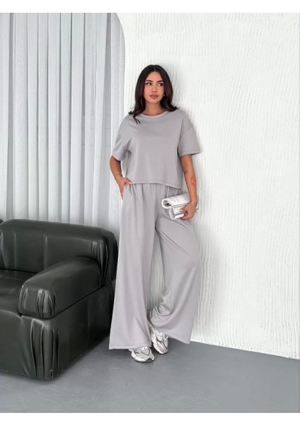 Osy Modal Yumuşak Dokulu Kumaş Bisiklet Yaka T-Shirt Bol Paça Pantalon Ikili Takım - Boyalı Gri