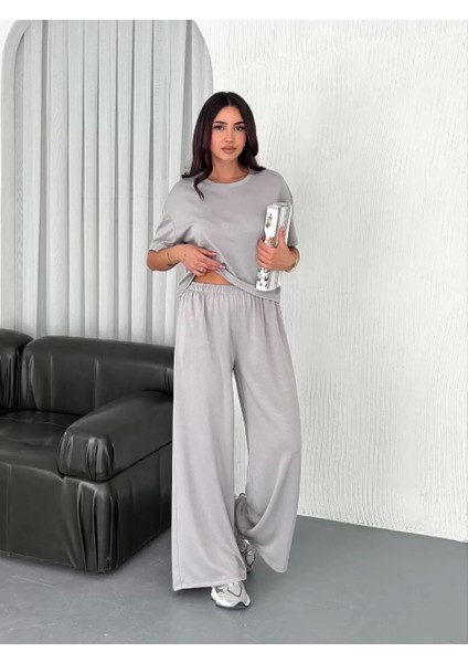 Osy Modal Yumuşak Dokulu Kumaş Bisiklet Yaka T-Shirt Bol Paça Pantalon Ikili Takım - Boyalı Gri fiyatları