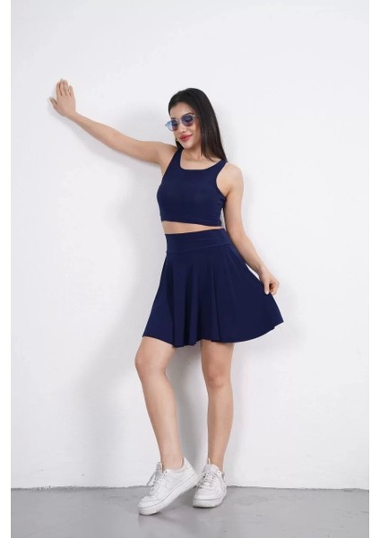 Sendy Kumaş Bisiklet Yaka Crop Şortlu Etek Ikili Takım - Lacivert modelleri