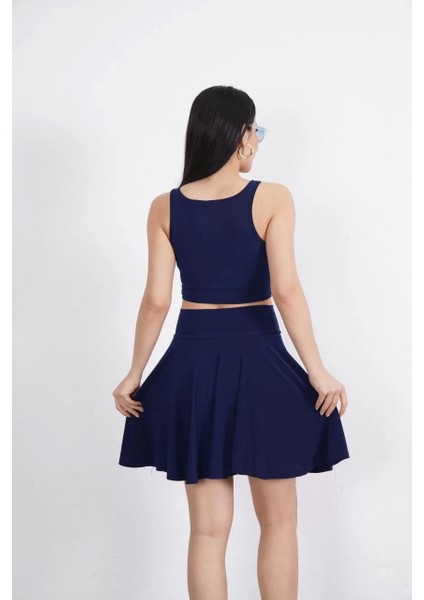 Sendy Kumaş Bisiklet Yaka Crop Şortlu Etek Ikili Takım - Lacivert indirimleri