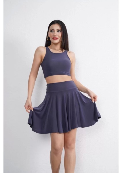 Sendy Kumaş Bisiklet Yaka Crop Şortlu Etek Ikili Takım - Antrasit fiyatları