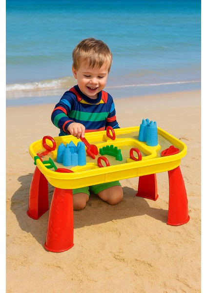 Kum ve Su Oyun Masası | 3+ Yaş Çocuk Aktivite Masası | Plaj Bahçe Balkon Uyumlu | 58×38×38 cm