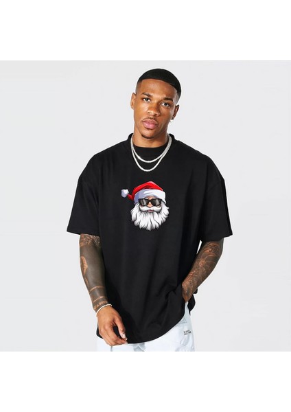 Gözlüklü Noel Baba T-Shirt - Siyah