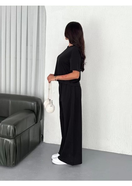 Osy Modal Yumuşak Dokulu Kumaş Bisiklet Yaka T-Shirt Bol Paça Pantalon Ikili Takım -Siyah modelleri