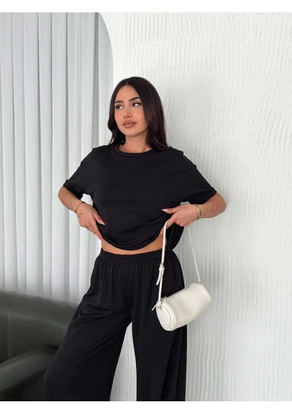 Osy Modal Yumuşak Dokulu Kumaş Bisiklet Yaka T-Shirt Bol Paça Pantalon Ikili Takım -Siyah