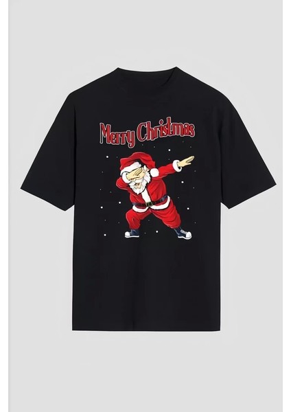 Merry Christmas Baskılı Noel Babalı T-Shirt - Siyah