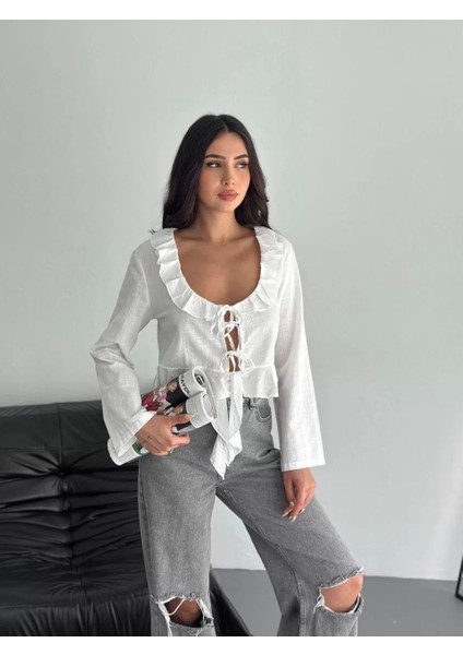 Keten Uzun Kol Bağacık Detaylı Bluz - Beyaz