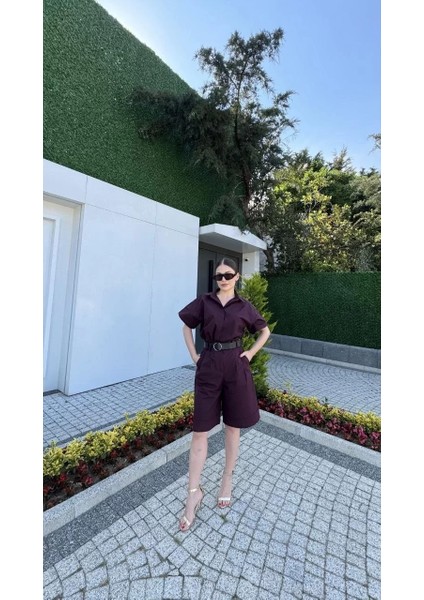 Kadın Yakalı Gömlek Kemerli Şortlu Takım - Bordo fiyatları