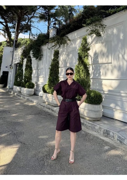 Kadın Yakalı Gömlek Kemerli Şortlu Takım - Bordo modelleri