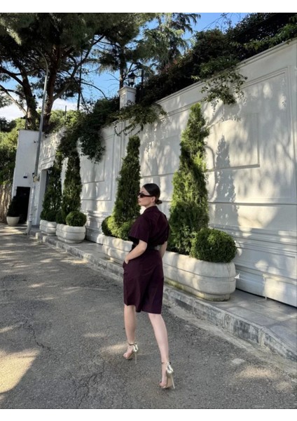 Kadın Yakalı Gömlek Kemerli Şortlu Takım - Bordo indirimleri