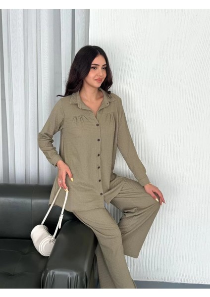 Yakalı Düğmeli Uzun Kollu Gömlek Pantolon Ikili Takım - Bej fiyatları