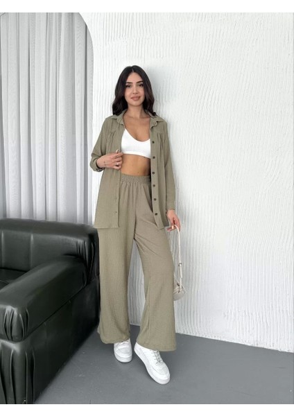 Yakalı Düğmeli Uzun Kollu Gömlek Pantolon Ikili Takım - Bej modelleri