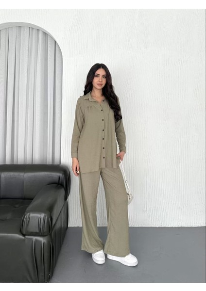 Yakalı Düğmeli Uzun Kollu Gömlek Pantolon Ikili Takım - Bej fırsatları