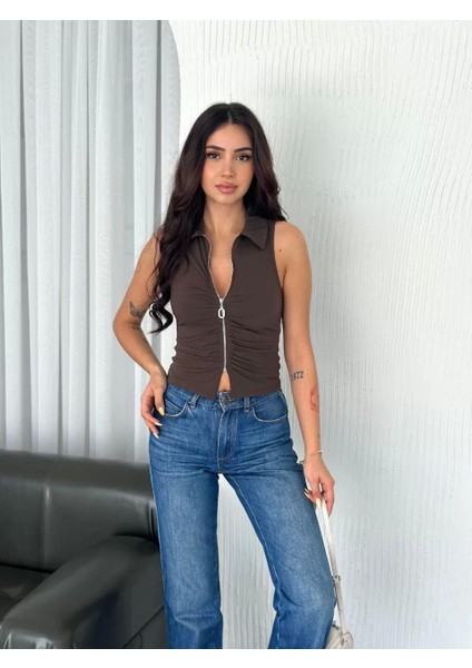 Yakalı Tam Fermuarlı Kolsuz Bluz - Kahverengi fiyatları