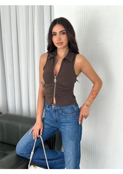 Yakalı Tam Fermuarlı Kolsuz Bluz - Kahverengi modelleri