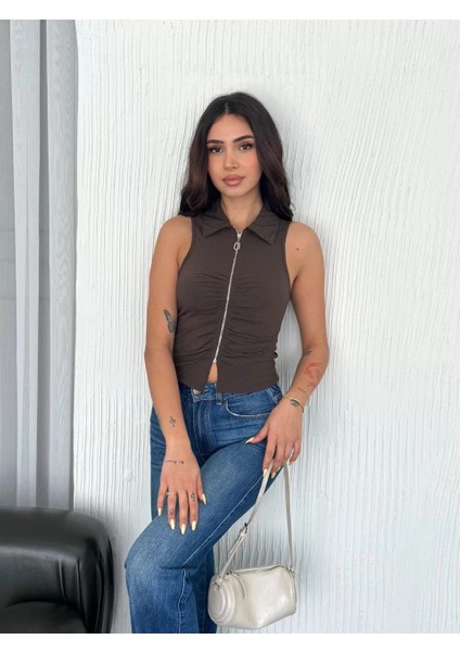 Yakalı Tam Fermuarlı Kolsuz Bluz - Kahverengi indirimleri