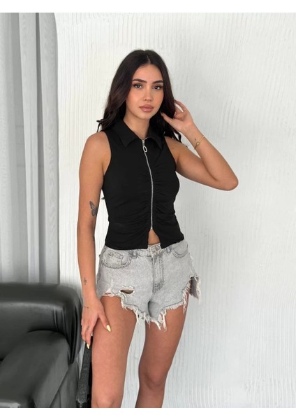 Yakalı Tam Fermuarlı Kolsuz Bluz - Siyah modelleri