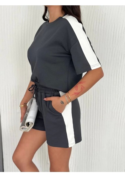 Osy Modal Yumuşak Dokulu Kumaş Kadın Parçalı Bisiklet Yaka T-Shirt Kısa Şort Ikili Takım - Antrasit