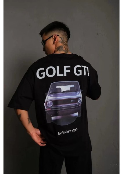 Erkek Sırt Golf Baskılı Oversize T-Shirt - Siyah