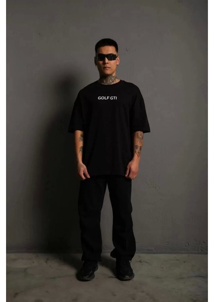 Erkek Sırt Golf Baskılı Oversize T-Shirt - Siyah modelleri