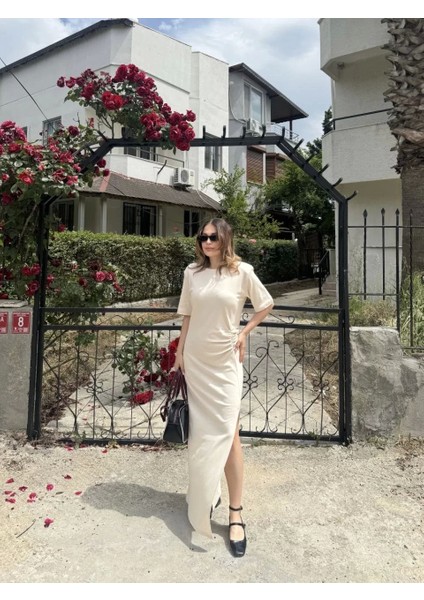 Kadın Kısa Kollu Uzun Yandan Yırtmaçlı Elbise - Bej