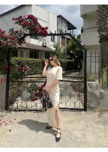 Kadın Kısa Kollu Uzun Yandan Yırtmaçlı Elbise - Bej fırsatları