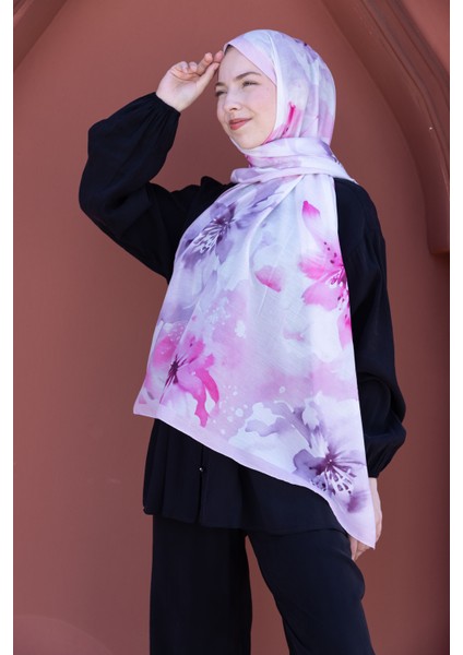 Romantik Pembe Çiçek Desenli Pamuklu Şal