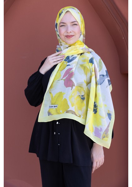 Romantik Sarı Çiçek Desenli Pamuklu Şal