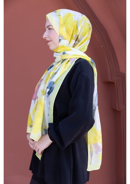Romantik Sarı Çiçek Desenli Pamuklu Şal indirimleri