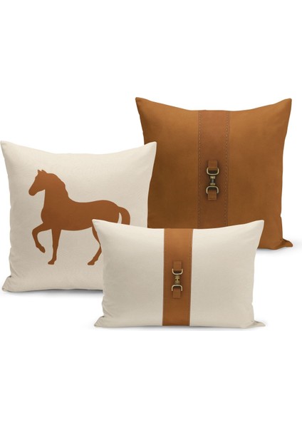 Klasik At Serisi Çift Tarafı Dijital Baskılı 3'lü Kırlent Kılıfı Seti (Horse)