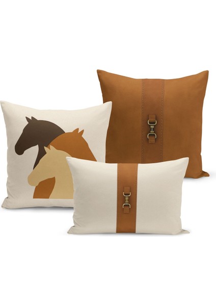 Klasik At Serisi Çift Tarafı Dijital Baskılı 3'lü Kırlent Kılıfı Seti (Horse)