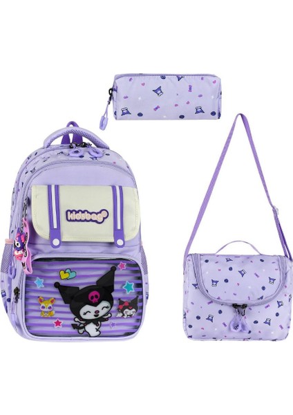 Ilkokul Kız Çocuk Çantası 3'lü Set Kuromi Benzeri 40*30 cm Beslenme Çantası Kalem Kutusu Ortopedik