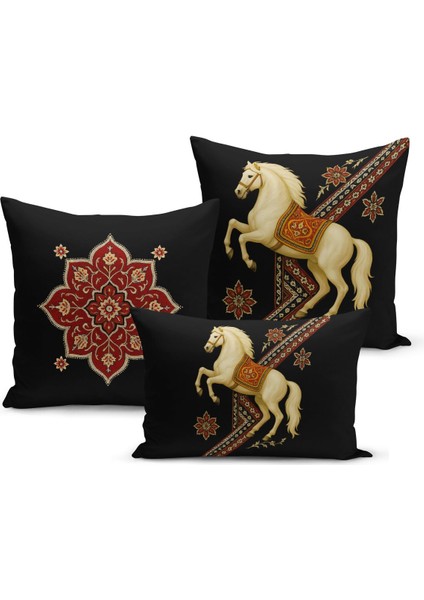 Klasik At Serisi Çift Tarafı Dijital Baskılı 3'lü Kırlent Kılıfı Seti (Horse)