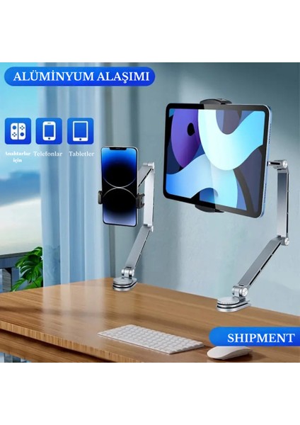 Alüminyum Telefon Tablet Tutucu Stand 4-15,6 Inç 360 Derece Dönebilen Katlanabilen Uzun Kollu Stand