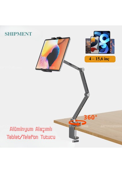 Alüminyum Telefon Tablet Tutucu Stand 4-15,6 Inç 360 Derece Dönebilen Katlanabilen Uzun Kollu Stand fiyatları