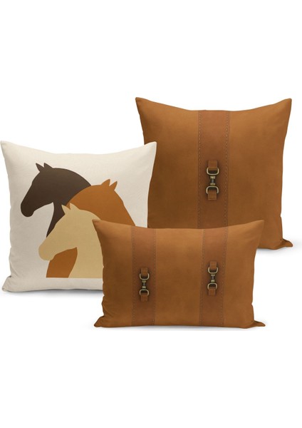 Klasik At Serisi Çift Tarafı Dijital Baskılı 3'lü Kırlent Kılıfı Seti (Horse)