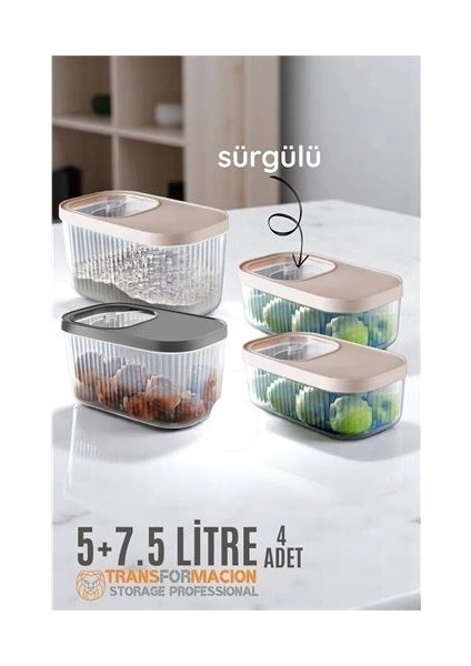 Erzak Bakliyat Kutusu Sürgülü Kapak Saklama Kabı 5 ve 7.5 Litre 4 Lü