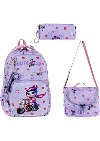 Ilkokul Kız Çocuk Çantası 3'lü Set Sevimli Kedi 40*30 cm Beslenme Çantası Kalem Kutusu Cute Cat