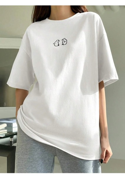 Ördek Baskılı Kadın Tshirt - Hayvan Baskılı Beyaz Tişört - Oversize %100 Pamuk Tshirt modelleri