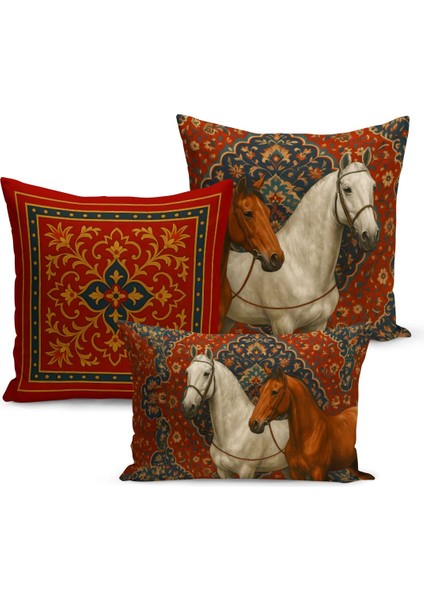 Klasik At Serisi Çift Tarafı Dijital Baskılı 3'lü Kırlent Kılıfı Seti (Horse)