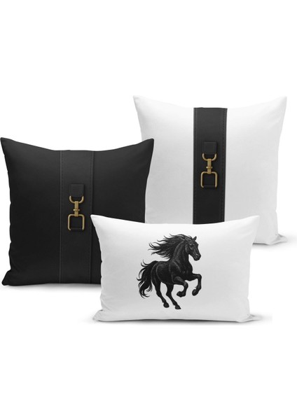 Klasik At Serisi Çift Tarafı Dijital Baskılı 3'lü Kırlent Kılıfı Seti (Horse)